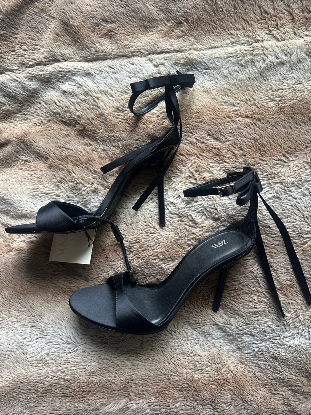Zara Black Satin Ankle-Tie Stiletto Sandals